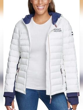 Tommy Hilfiger Women's White and Navy Puffer Jacket Size Large